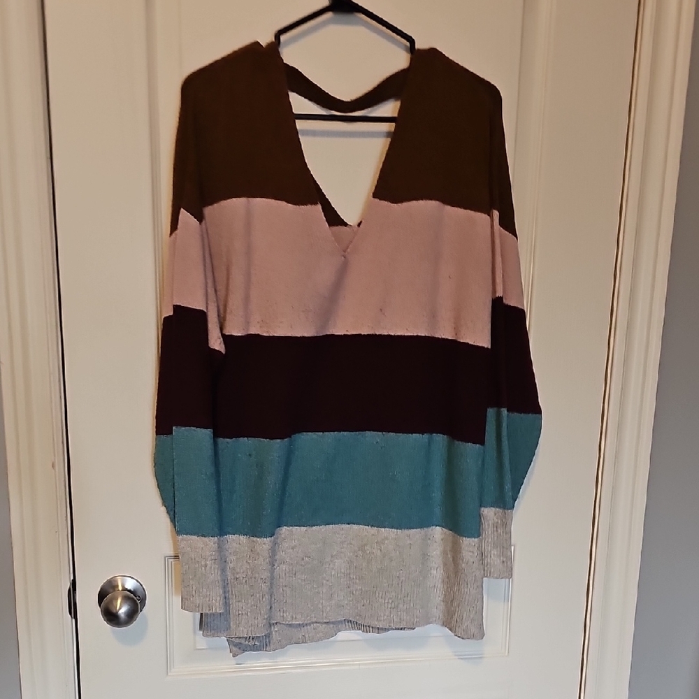 Maurices Striped V-Neck Sweater in Brown, Pink, Teal, Maroon, and Gray